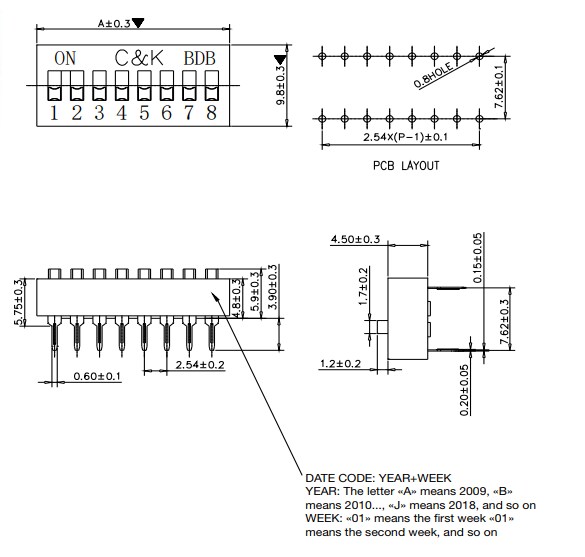 Mechanical Drawing - C&K Switches BDB Standard Profile DIP Switches